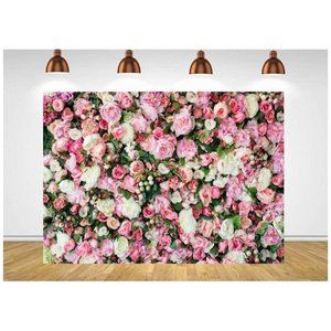 Pink Flowers Leaves Backdrop Wedding Wall Background Photo Booth 7x5 feet